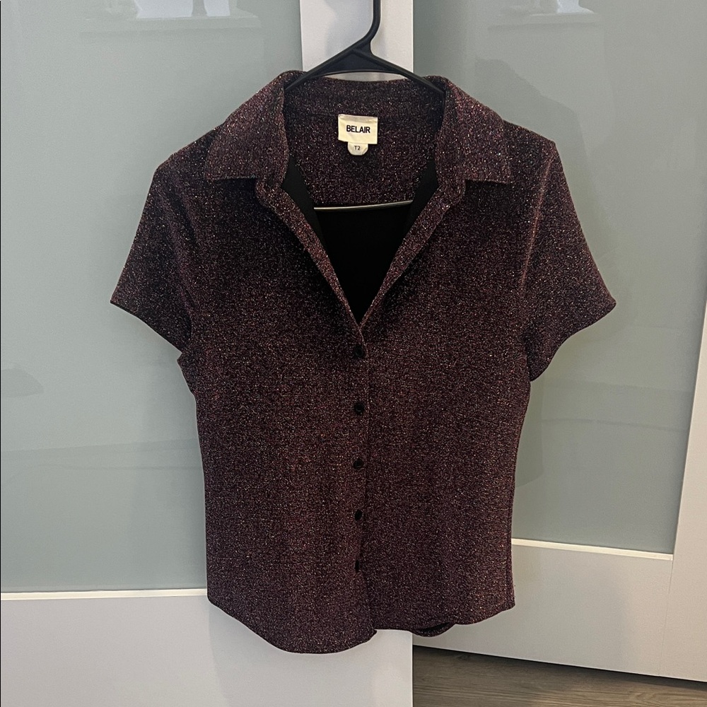 Belair Women's Glittery Burgundy Button Down Shirt